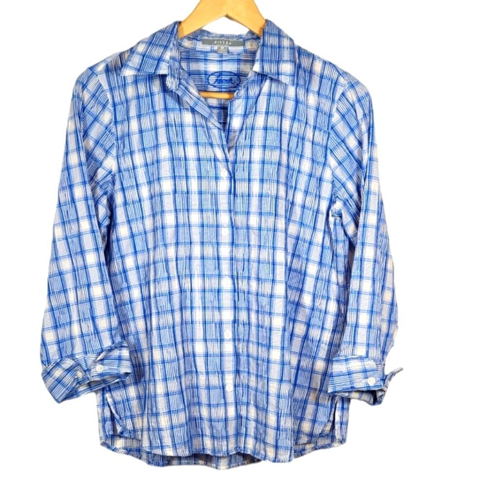 Foxcroft Shirts‎ Crinkle Fitted 3/4 Sleeve Blue White Plaid Cotton Stretch 8